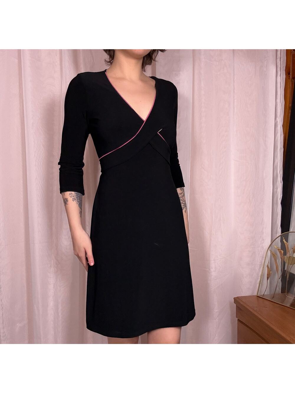 Y2K Classic Black Wrap Dress with Pink Details - Sz Medium